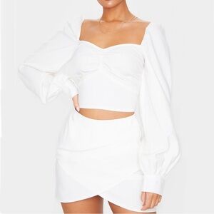 PRETTYLITTLETHING White Woven Square Neck Puff Sleeve Crop Top NWT